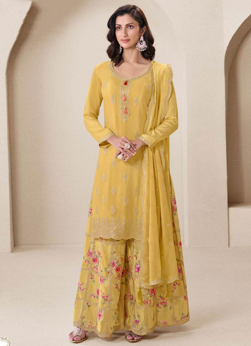 Embroidered Chinon Yellow Salwar Suit T6000