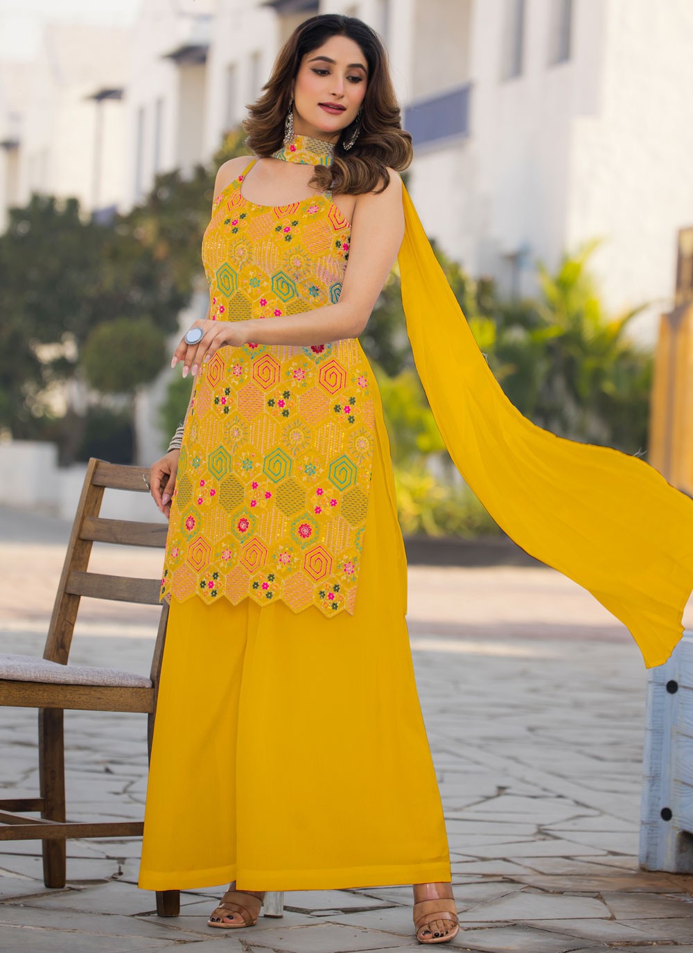 Embroidered Chinon Yellow Salwar Suit T6459