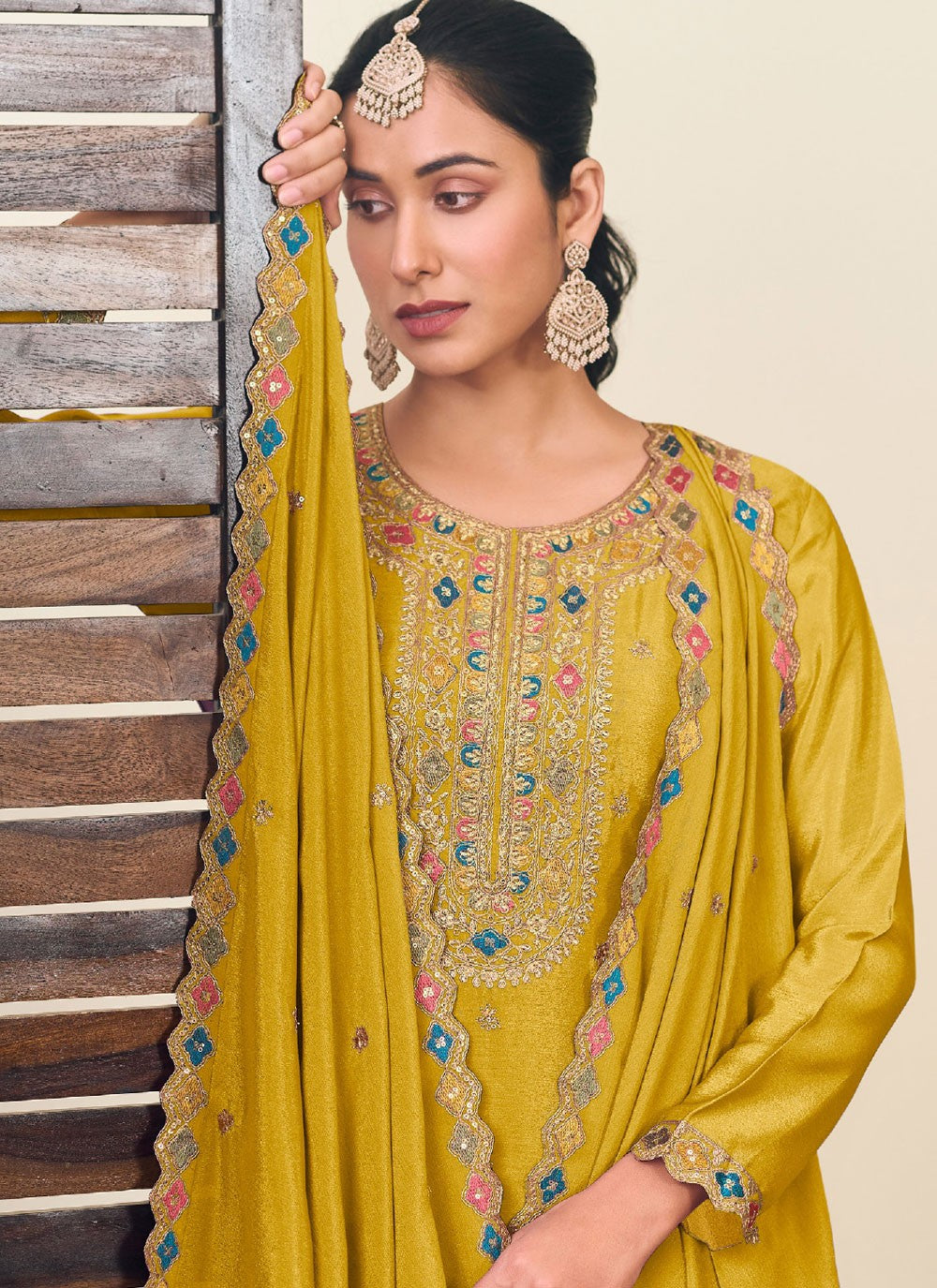 Embroidered Chinon Yellow Lehenga - L3251