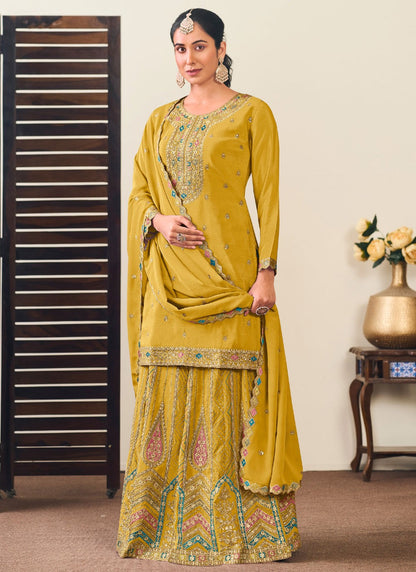 Embroidered Chinon Yellow Lehenga - L3251