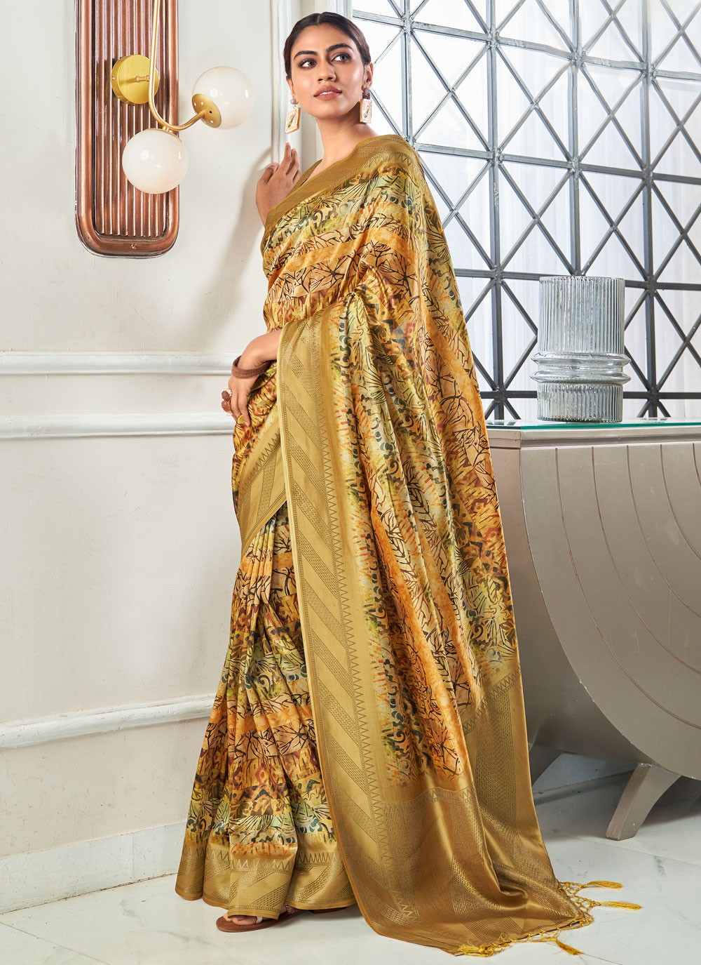 Printed Handloom Silk Yellow Saree S14242