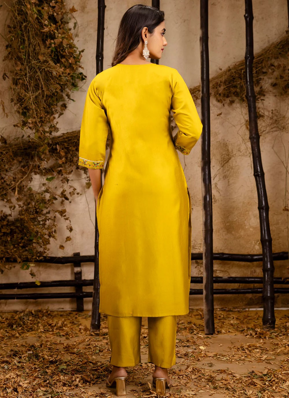 Pant Style Suit Embroidered Yellow T7031