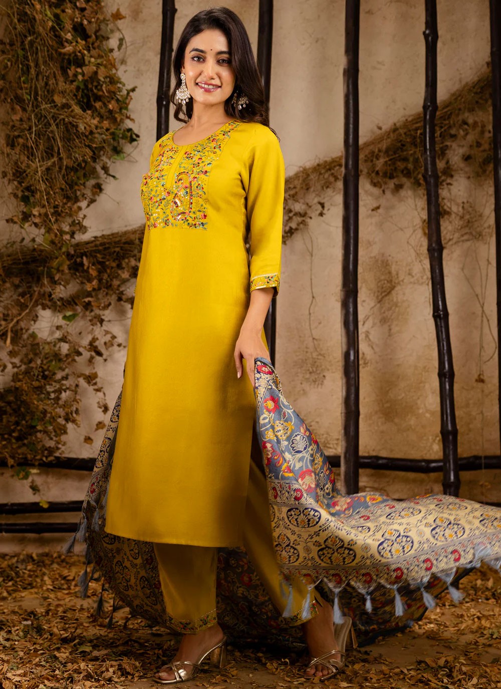 Pant Style Suit Embroidered Yellow T7031