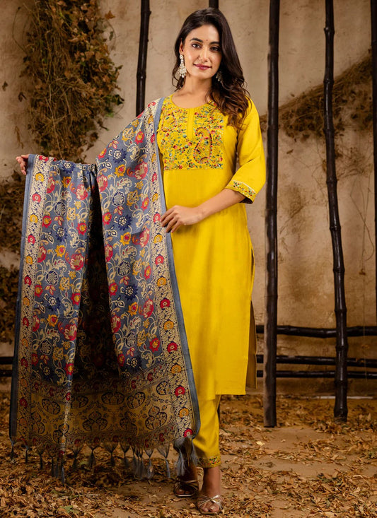 Pant Style Suit Embroidered Yellow T7031