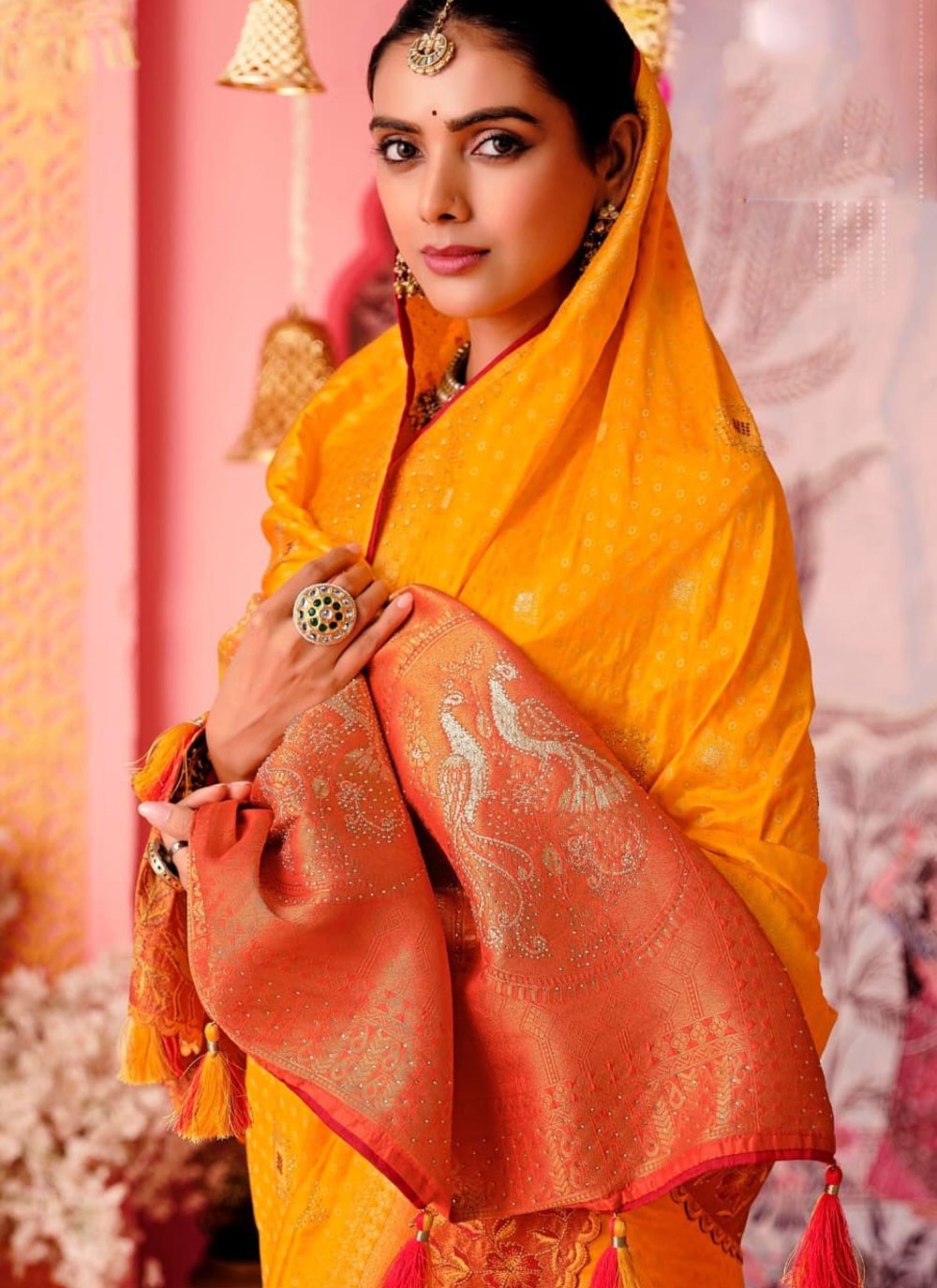 Trendy Saree Embroidered Yellow Pure Dola Saree S12692