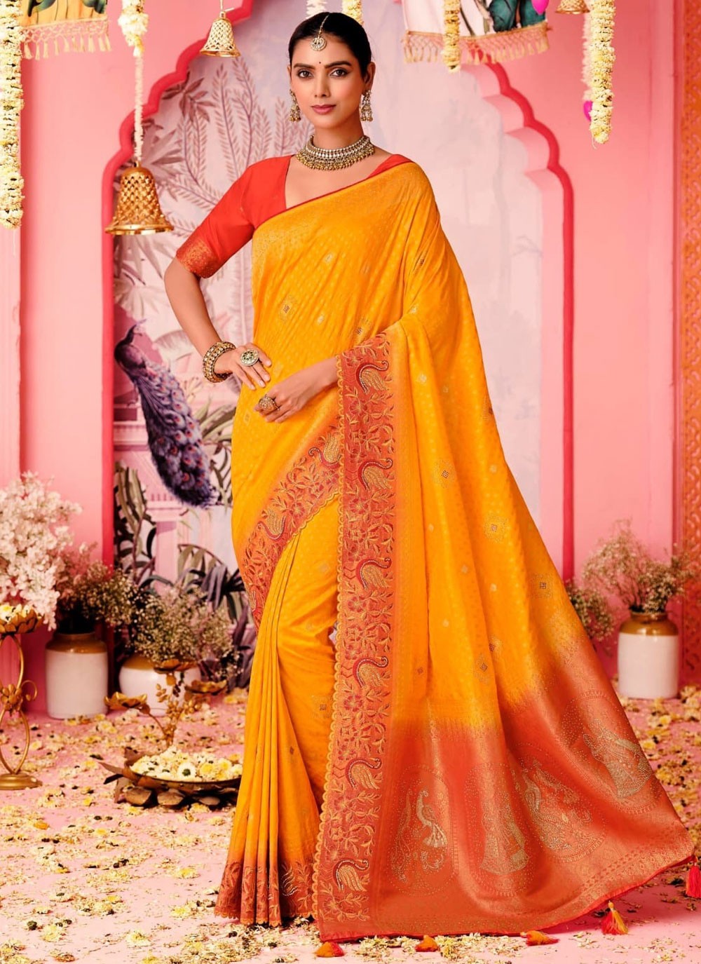 Trendy Saree Embroidered Yellow Pure Dola Saree S12692