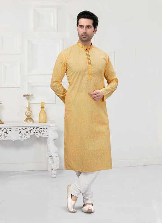 Printed Cotton Yellow Kurta Pyjama - M3161