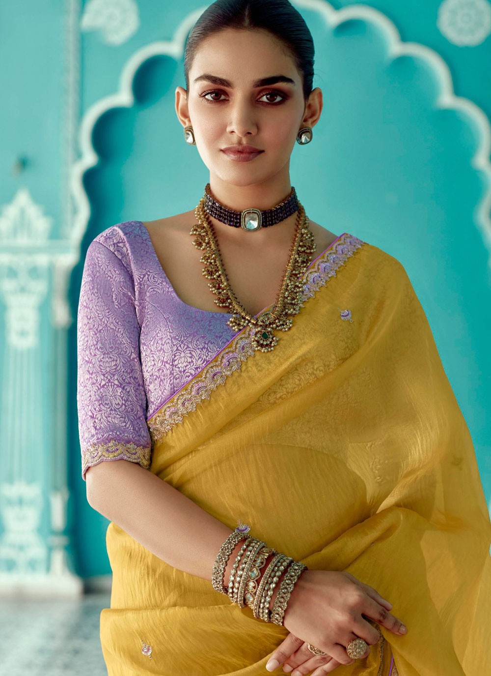 Designer Embroidered Yellow Crush Saree S13279
