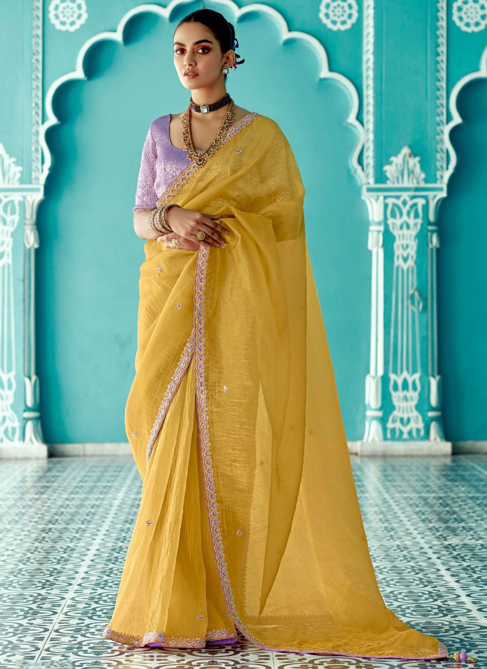 Designer Embroidered Yellow Crush Saree S13279