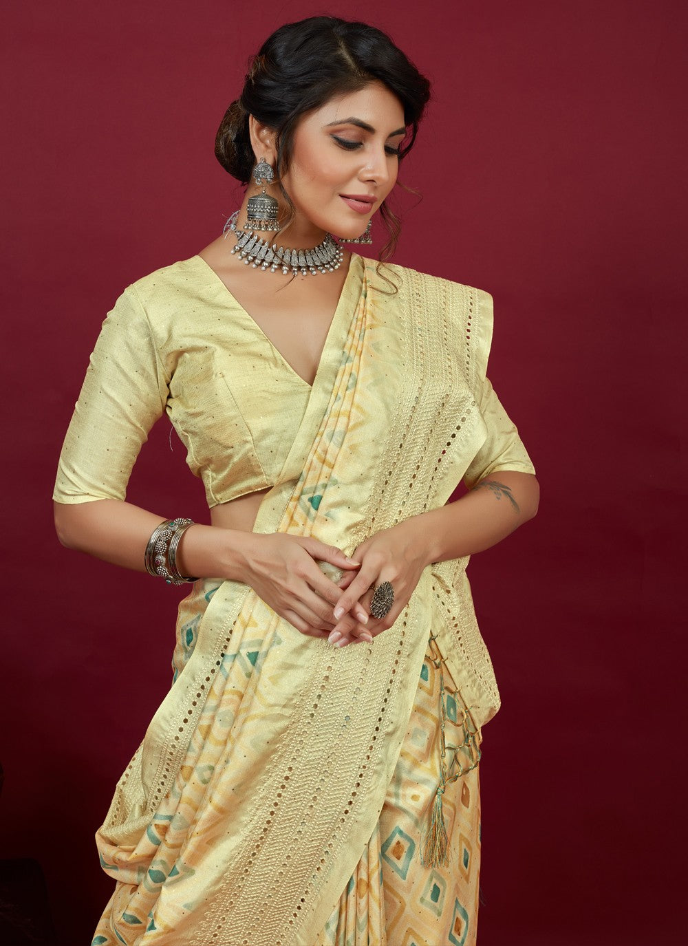 Classic Chikankari Work Cotton Silk Saree - S3614