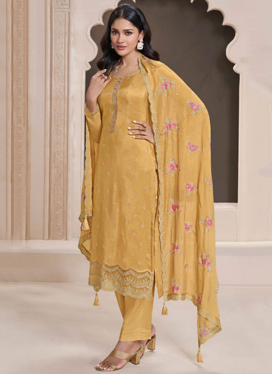 Embroidered Silk Yellow Salwar Suit T6287