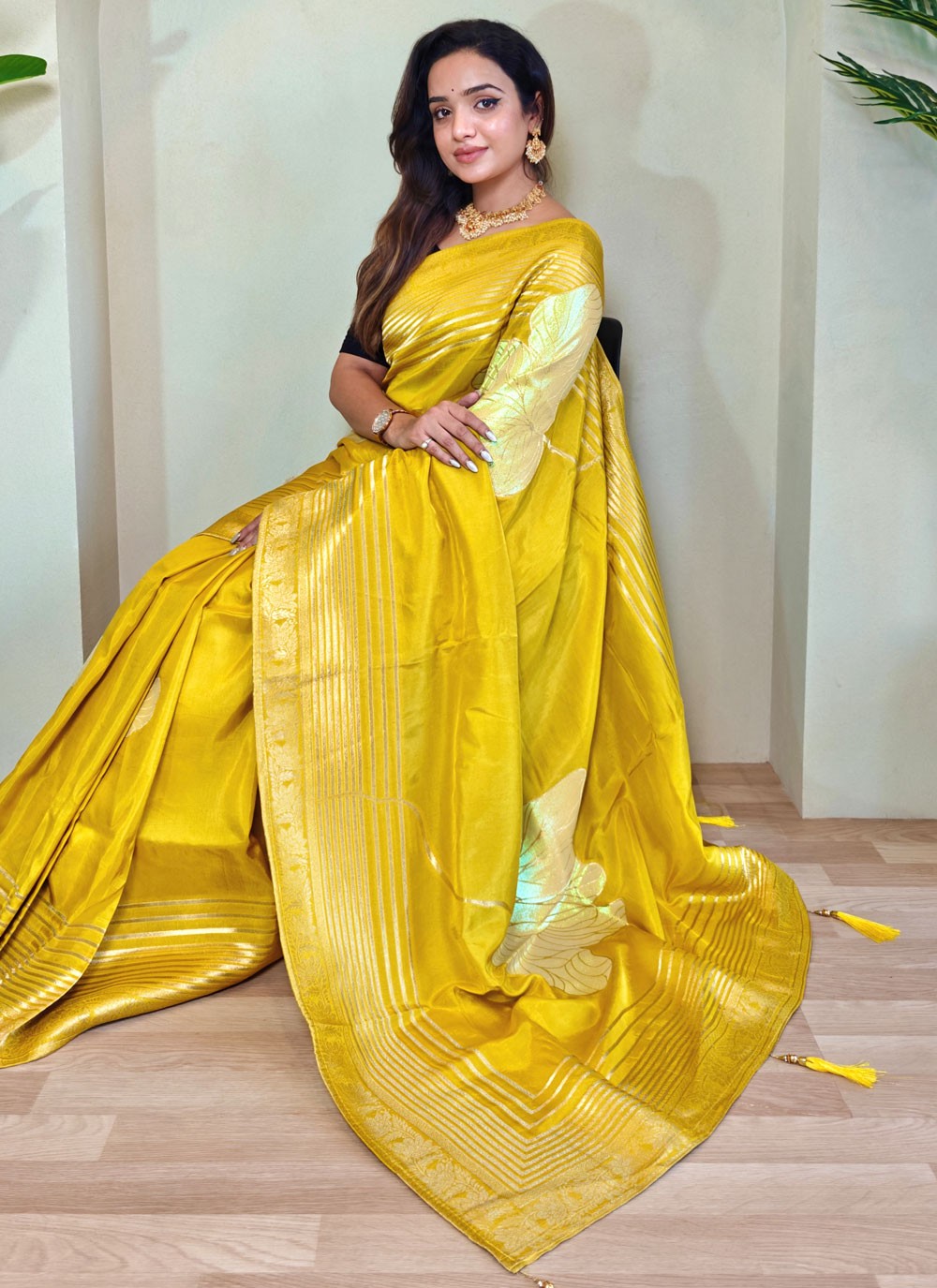 Fancy Work Silk Yellow Designer Saree S15637