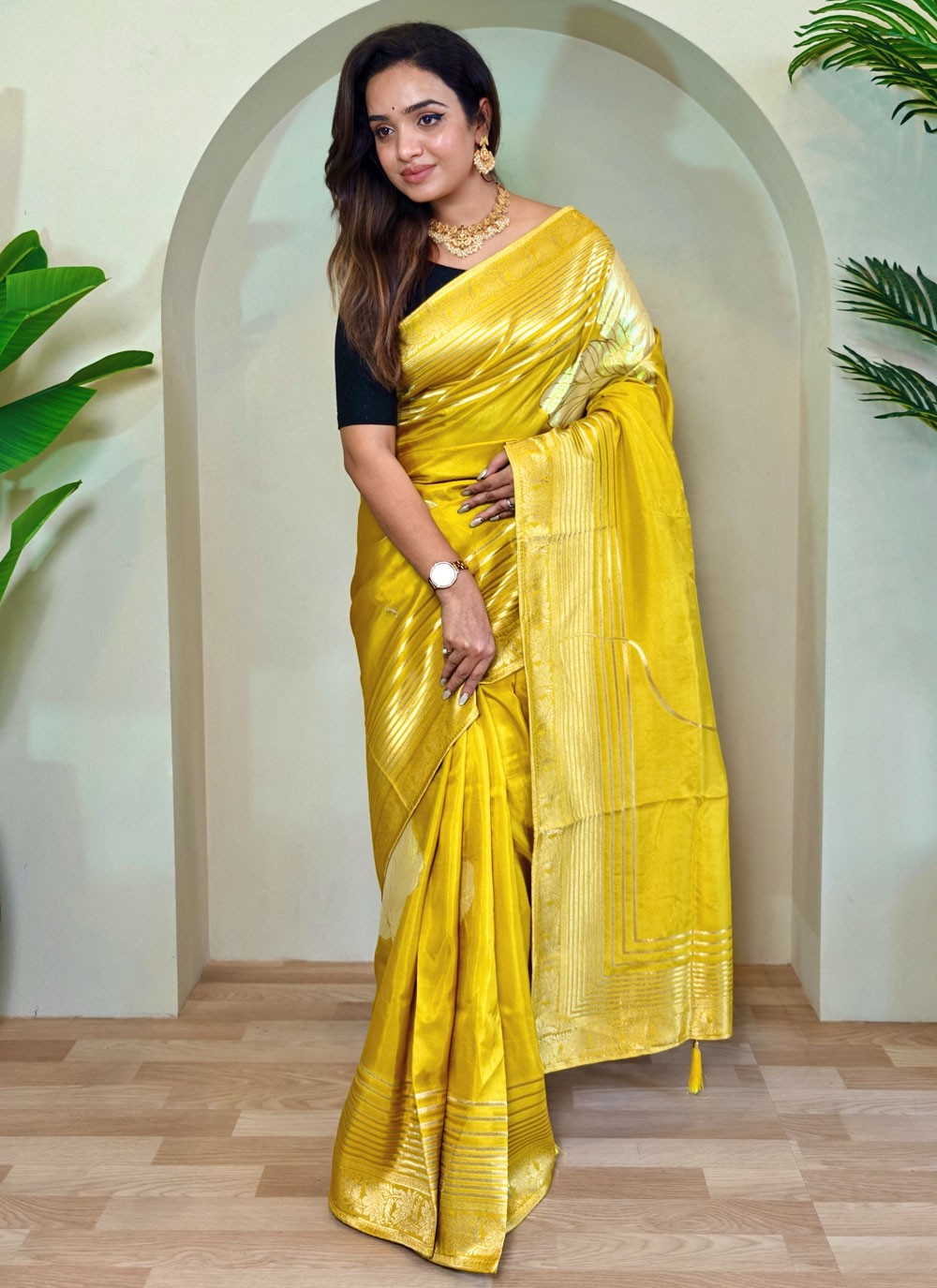 Fancy Work Silk Yellow Designer Saree S15637