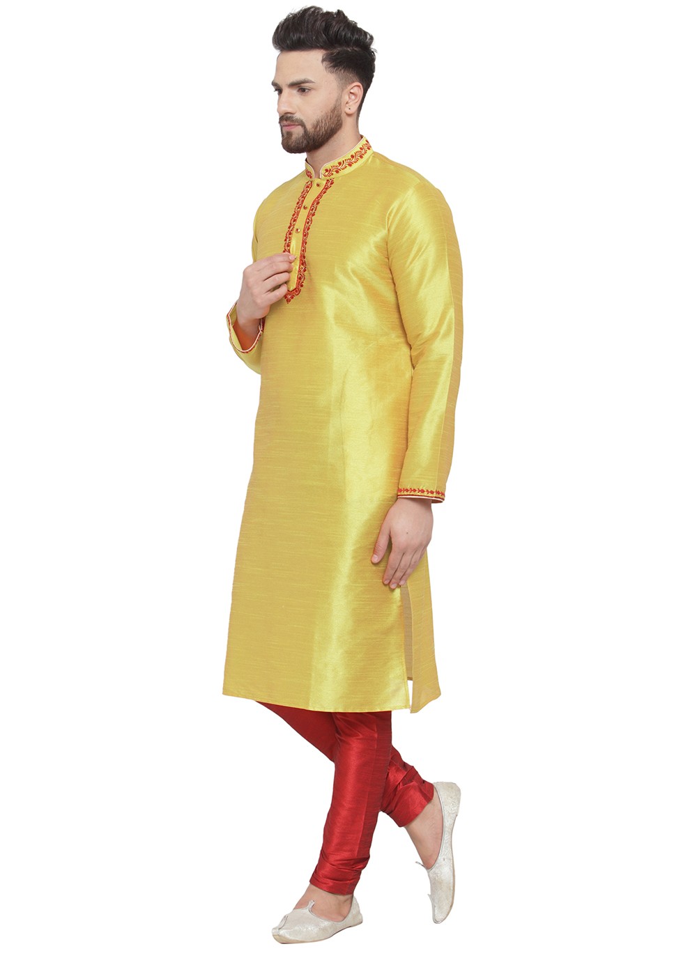Embroidered Dupion Silk Yellow Kurta Pyjama - M7309