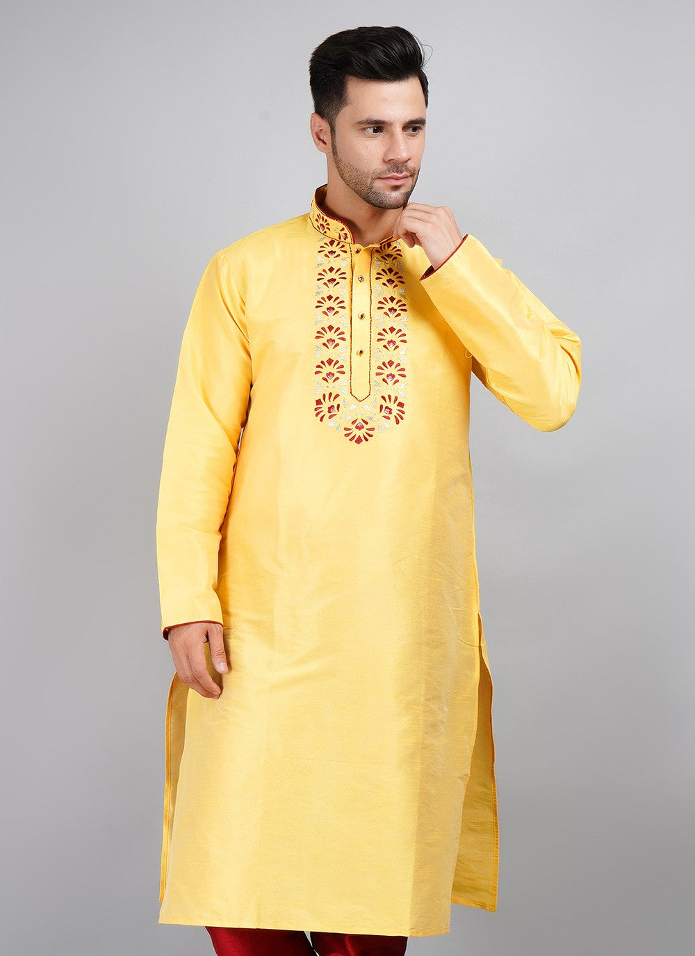 Machine Embroidery Dupion Silk Yellow Kurta - M5740