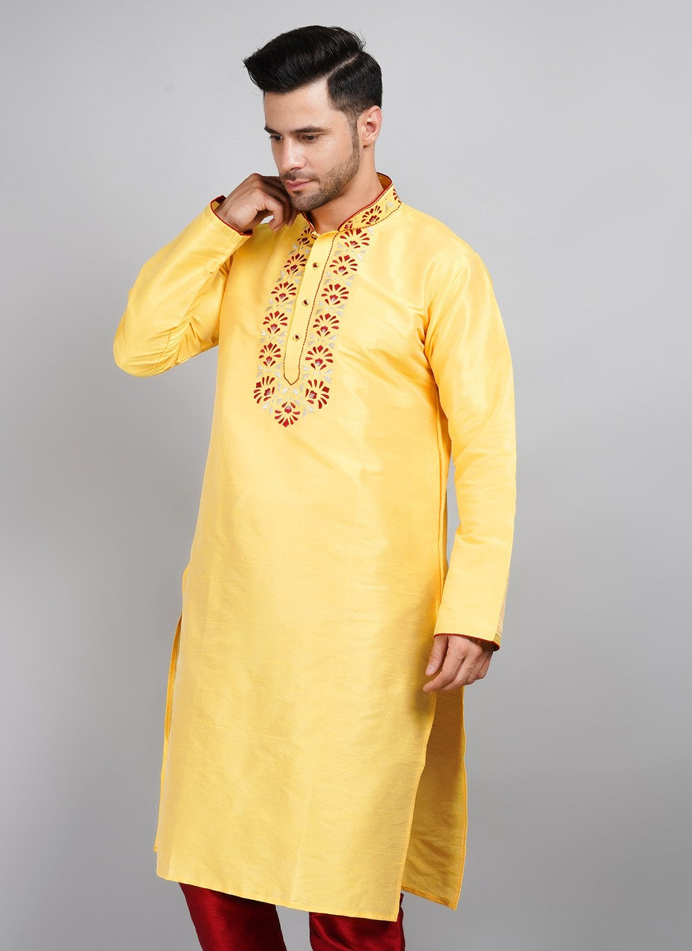 Machine Embroidery Dupion Silk Yellow Kurta - M5740
