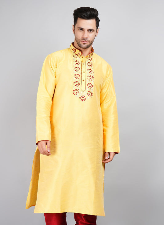 Machine Embroidery Dupion Silk Yellow Kurta - M5740