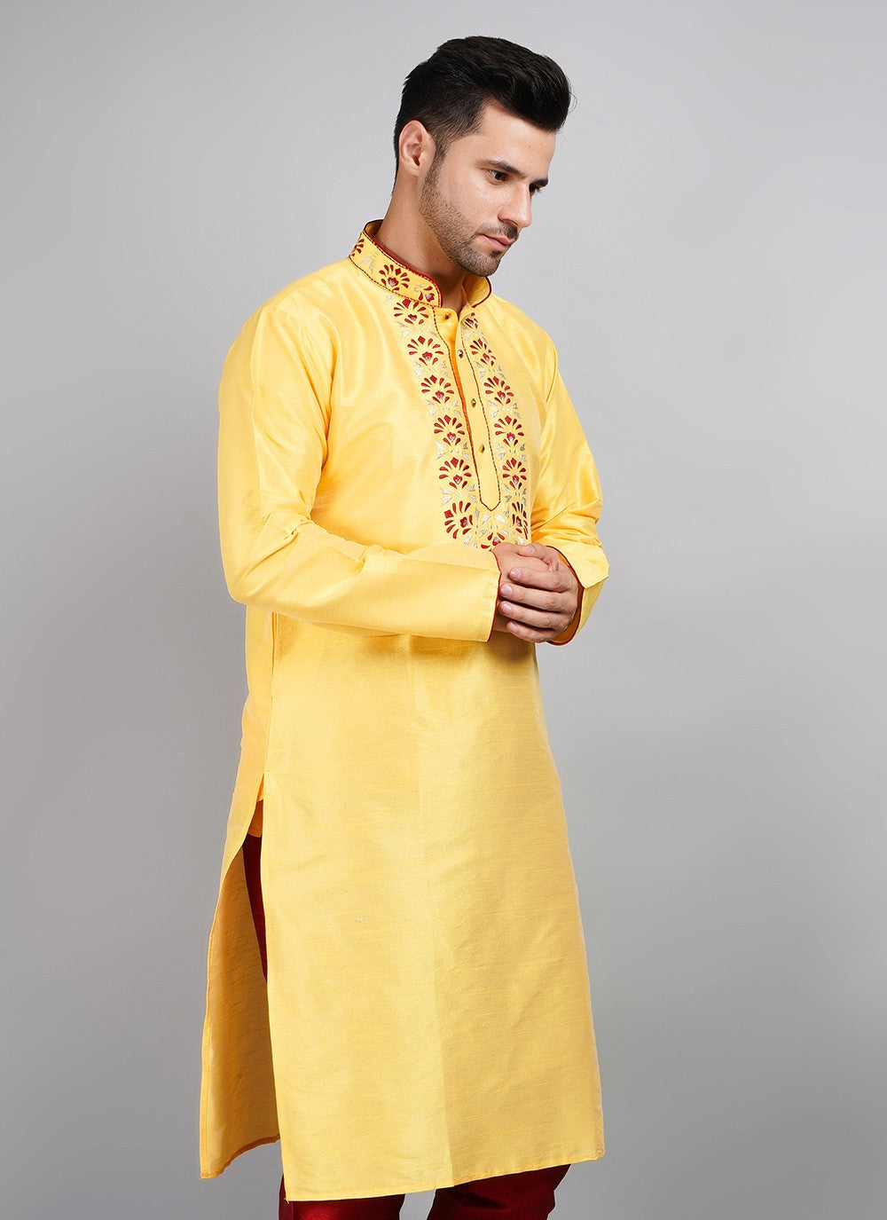 Machine Embroidery Dupion Silk Yellow Kurta - M5740
