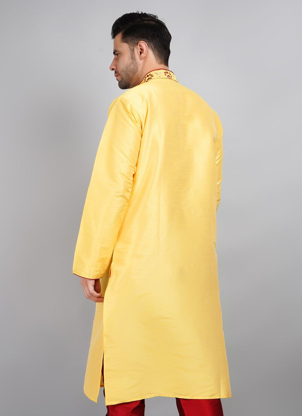 Machine Embroidery Dupion Silk Yellow Kurta - M5740