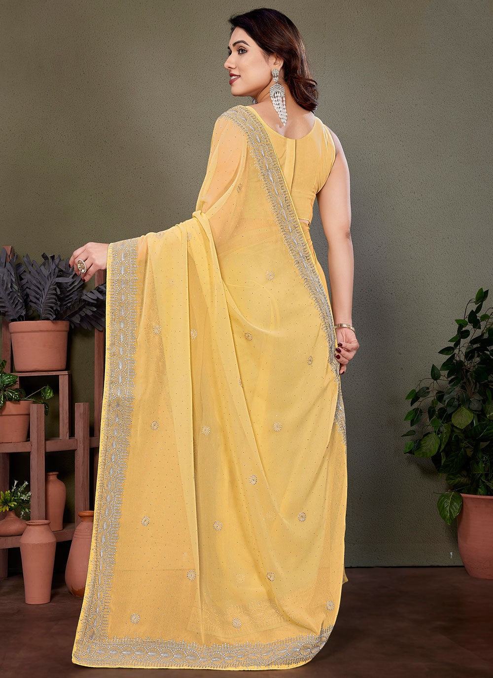 Embroidered Georgette Yellow Classic Saree S14883