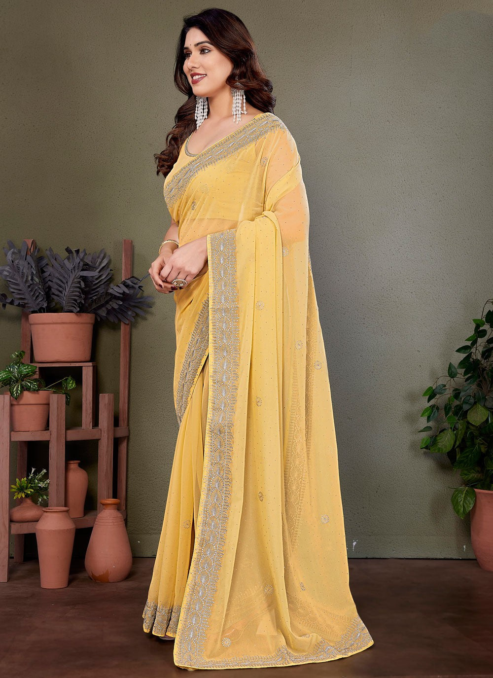 Embroidered Georgette Yellow Classic Saree S14883