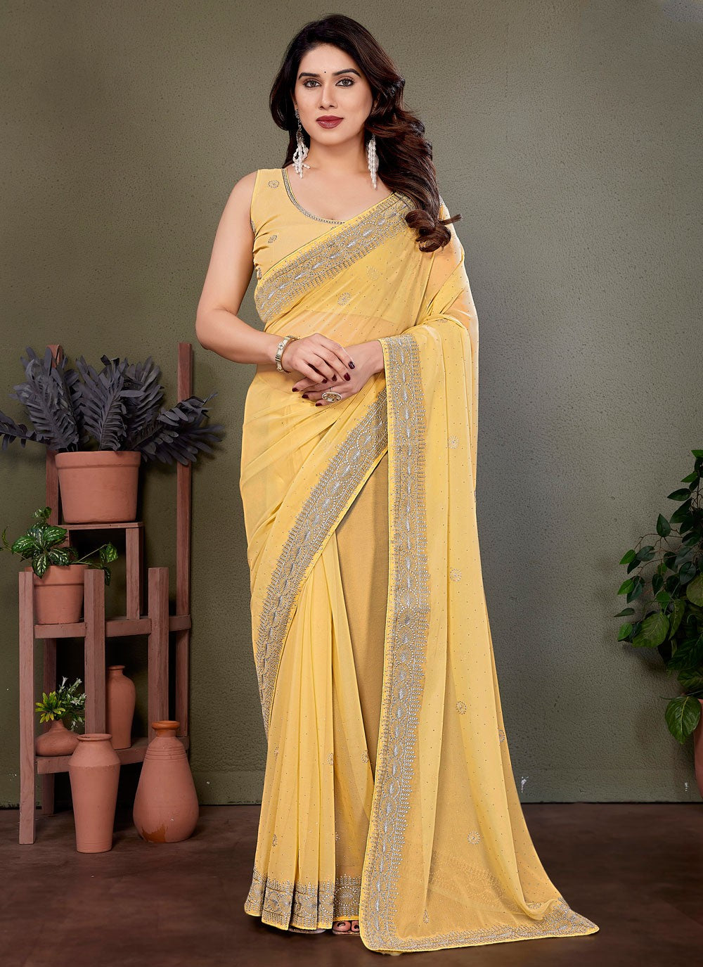 Embroidered Georgette Yellow Classic Saree S14883