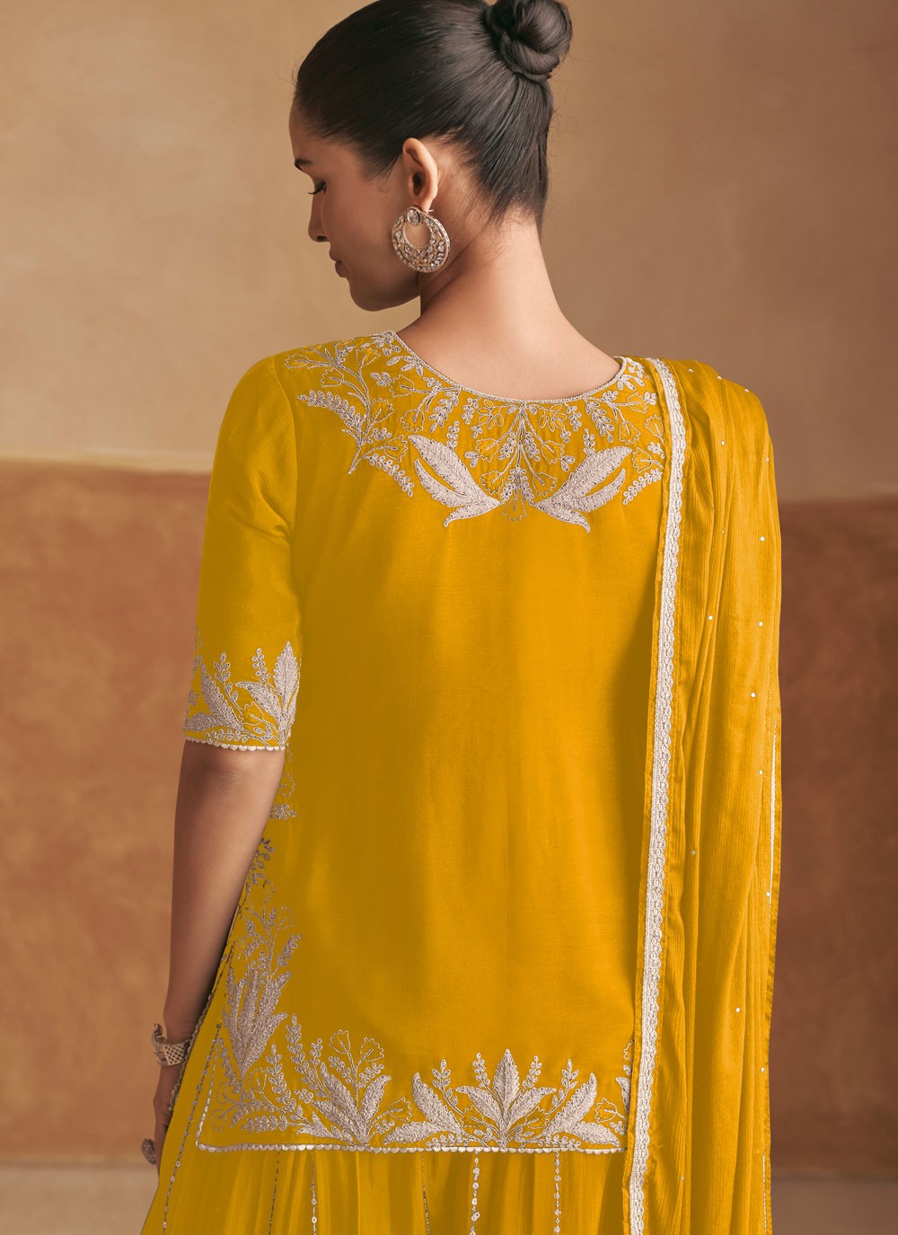 Salwar Suit Embroidered Yellow Chinon T5434