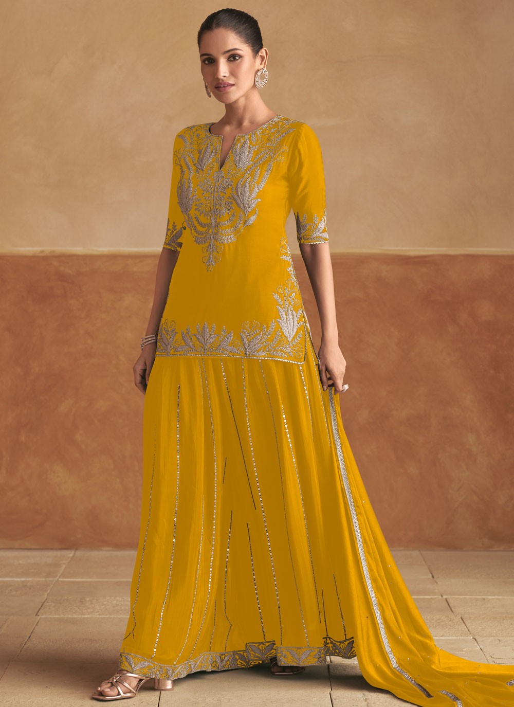Salwar Suit Embroidered Yellow Chinon T5434
