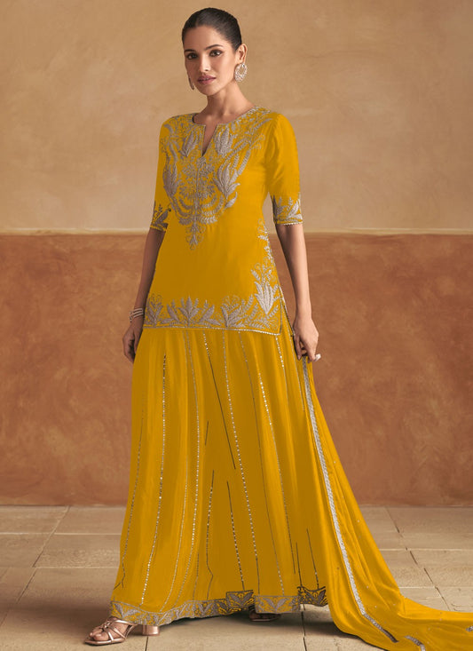 Salwar Suit Embroidered Yellow Chinon T5434