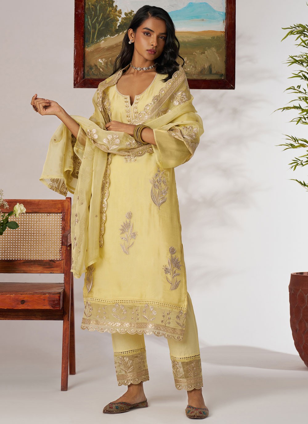 Salwar Suit Beads Yellow Organza T5910