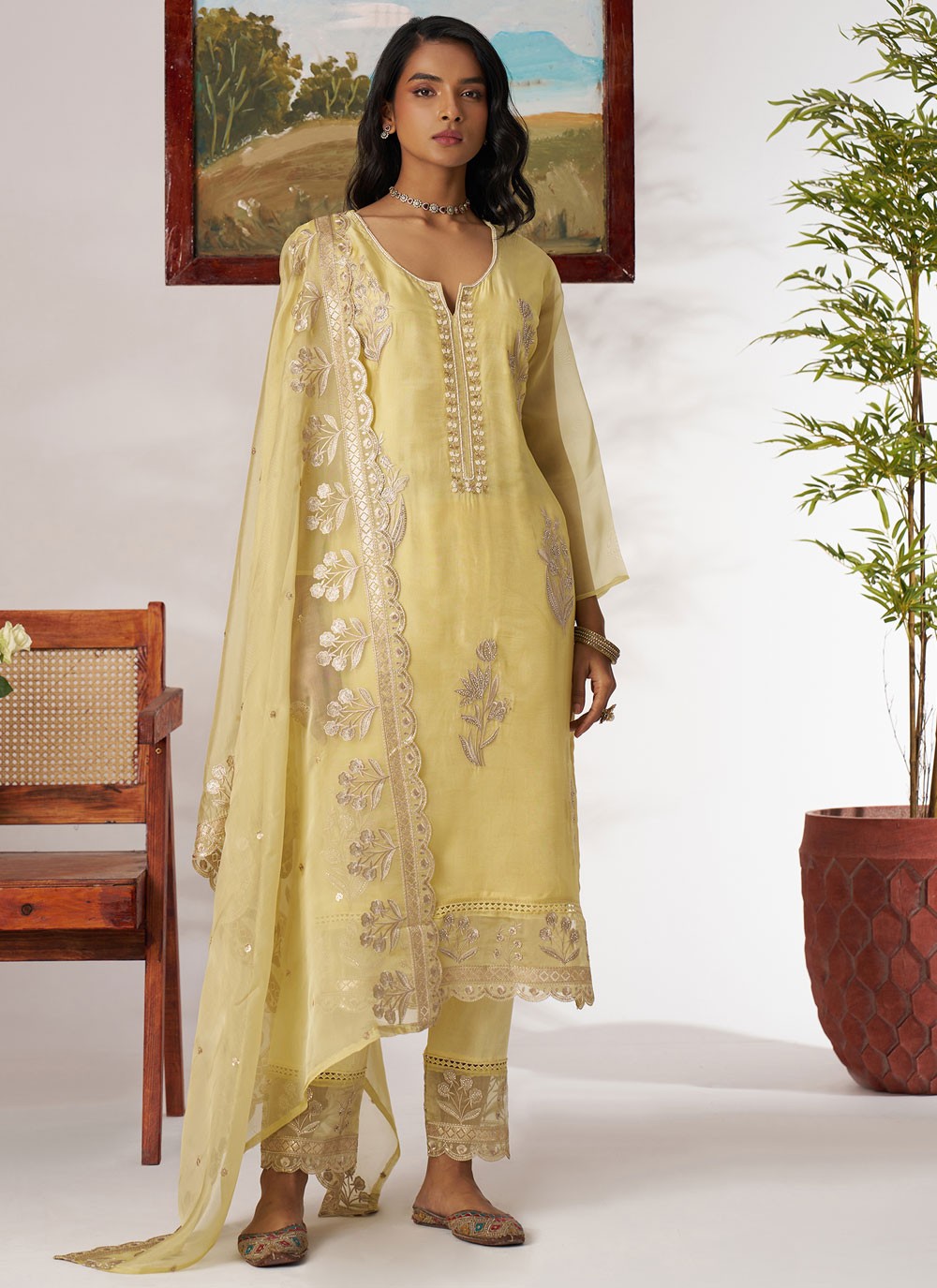 Salwar Suit Beads Yellow Organza T5910