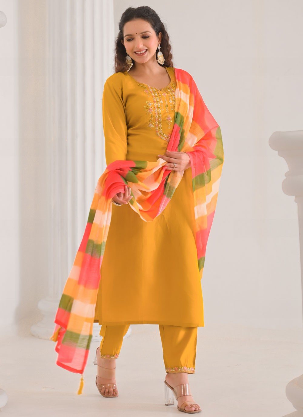 Embroidered Chanderi Yellow Salwar Suit T6156