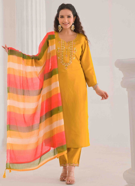 Embroidered Chanderi Yellow Salwar Suit T6156