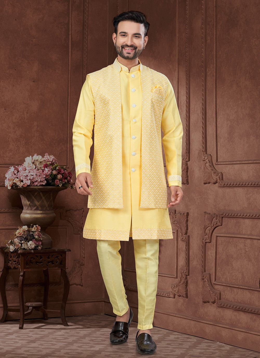Embroidered Art Silk Yellow Indo Western Sherwani - M8601