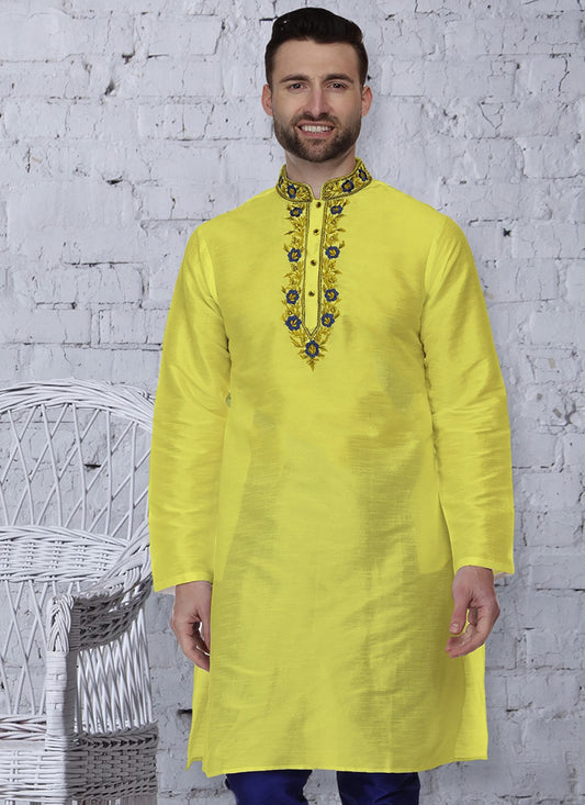 Embroidered Art Dupion Silk Yellow Kurta - M1461