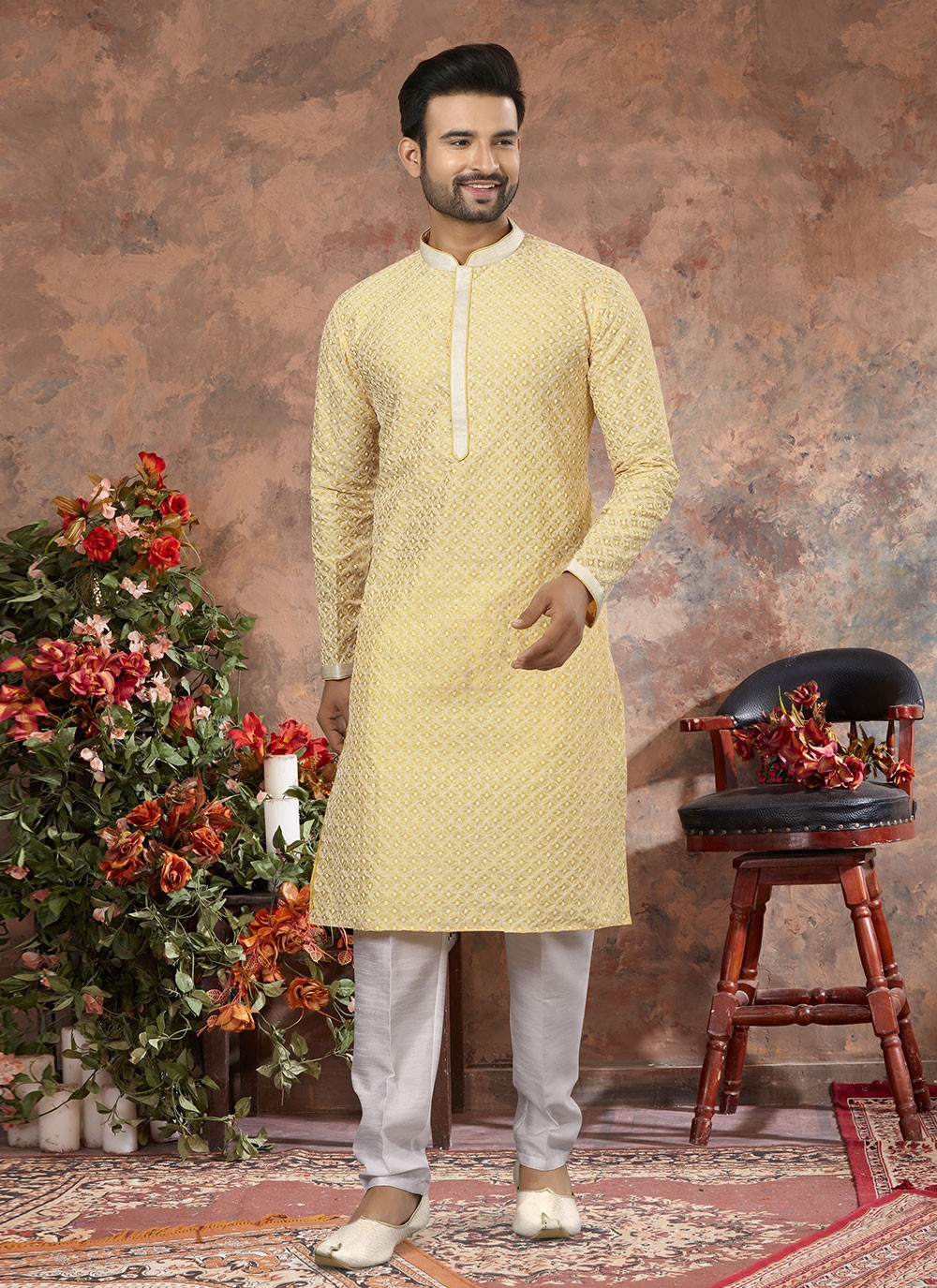 Embroidered Lucknowi Yellow Kurta - M5632
