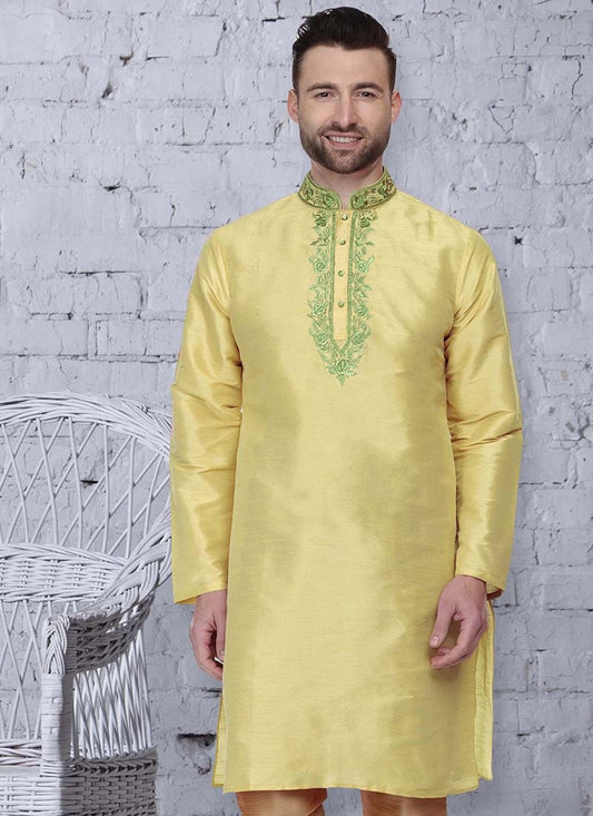 Embroidered Art Dupion Silk Yellow Kurta - M1523
