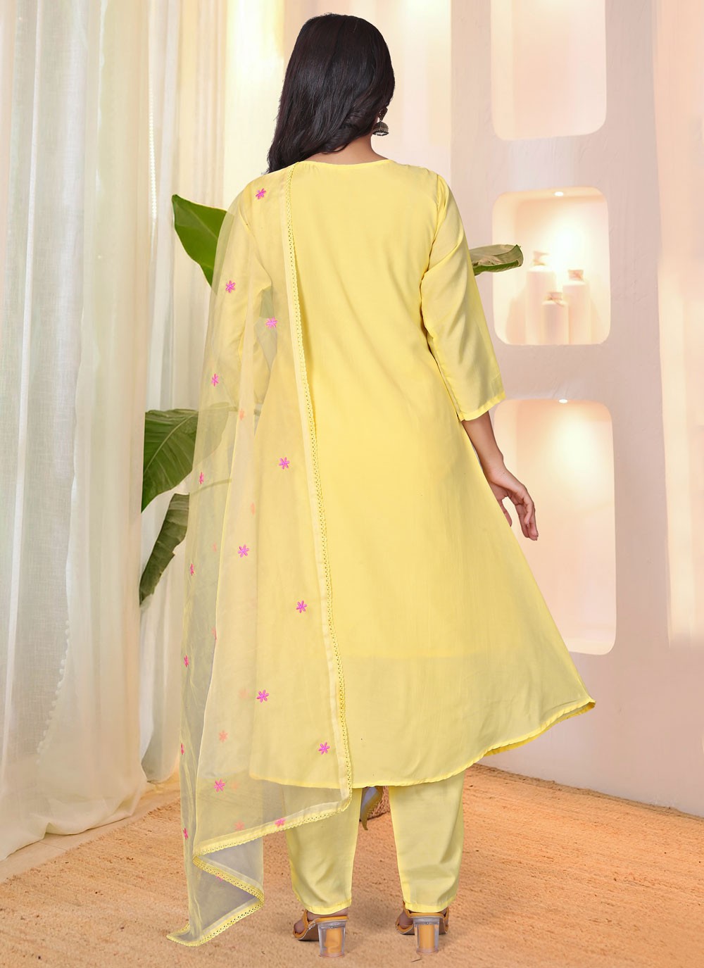 Pant Style Suit Embroidered Yellow T8793