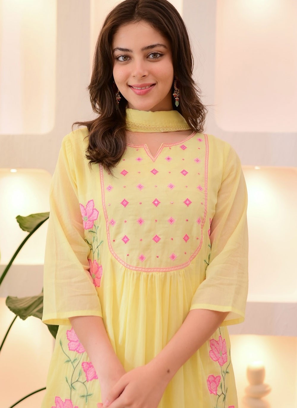 Pant Style Suit Embroidered Yellow T8793