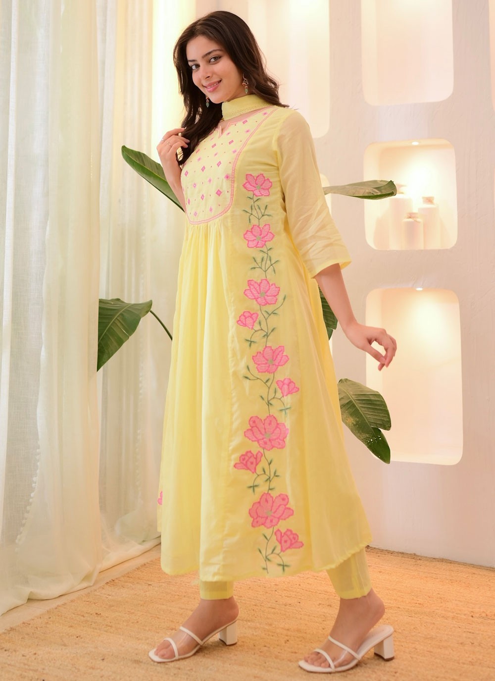 Pant Style Suit Embroidered Yellow T8793