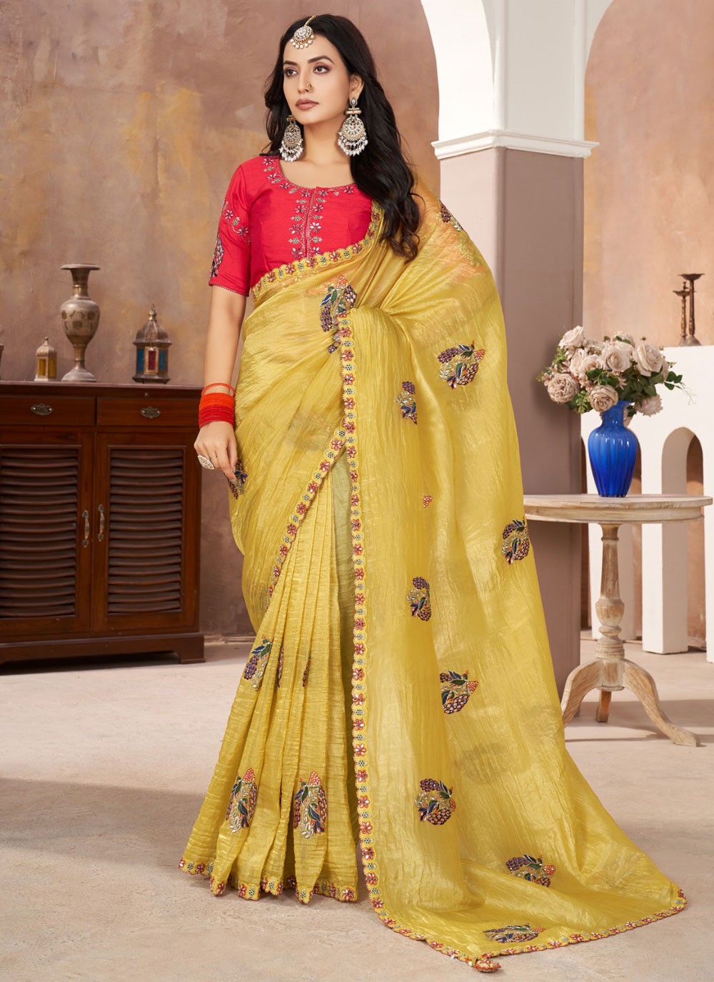 Trendy Saree Border Work Yellow Silk Saree S13398