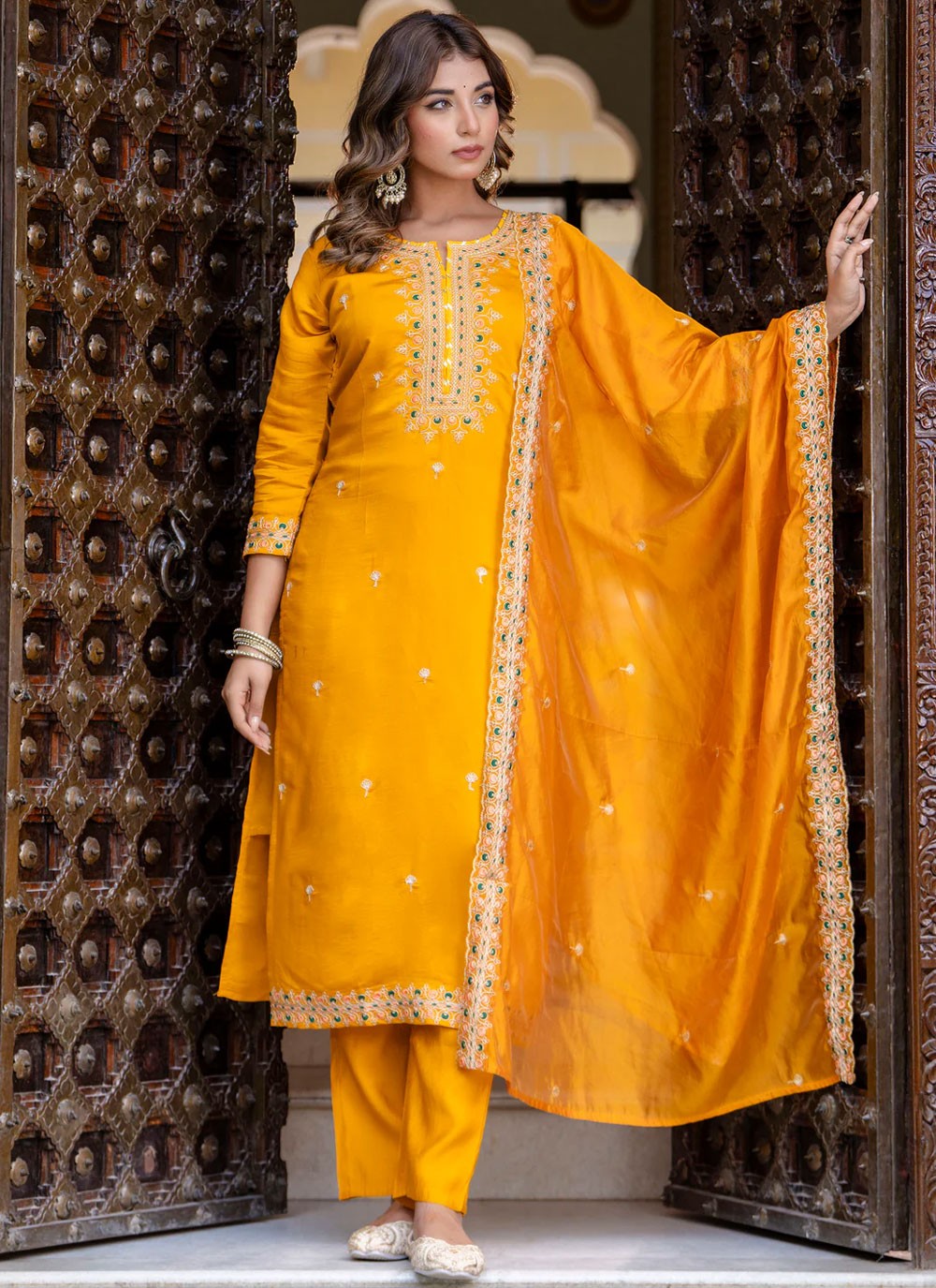 Pant Style Suit Embroidered, Zari Yellow T6927