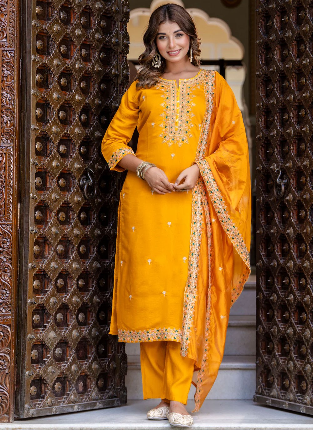 Pant Style Suit Embroidered, Zari Yellow T6927