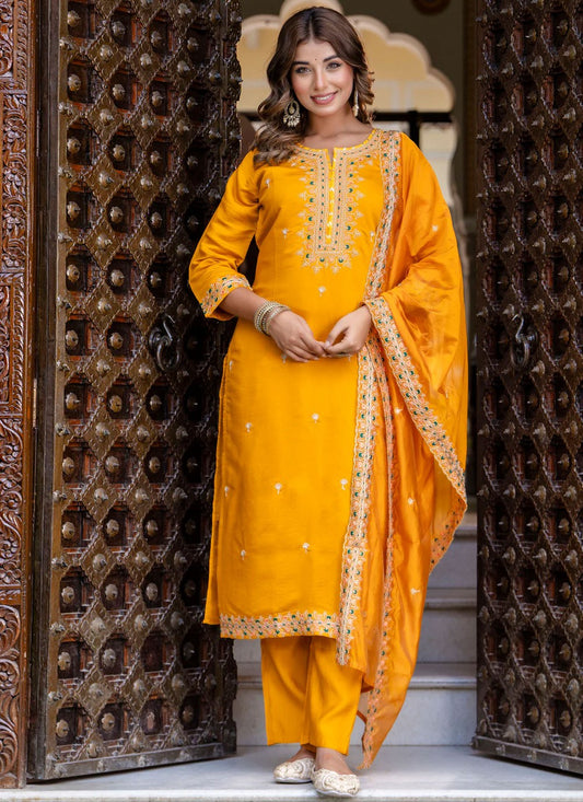 Pant Style Suit Embroidered, Zari Yellow T6927
