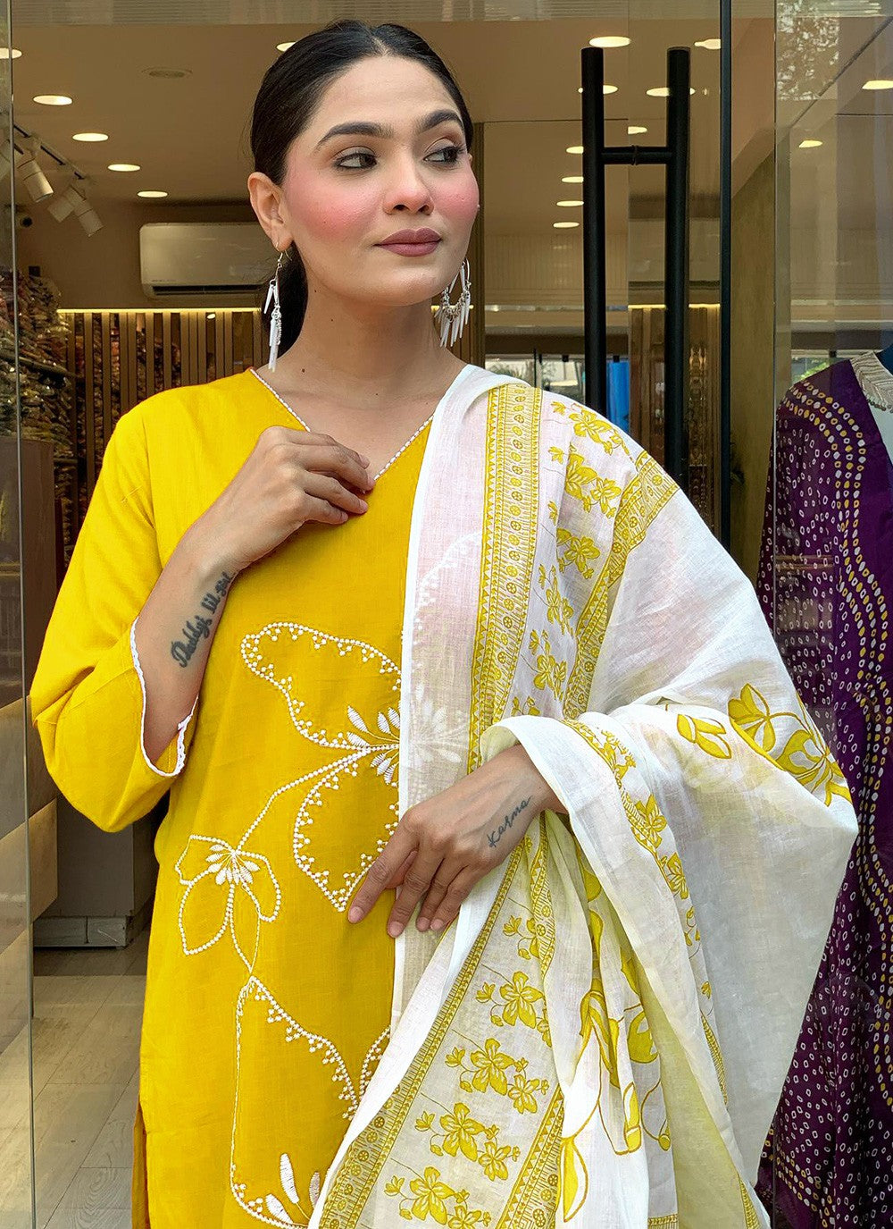 Pant Style Suit Embroidered, Printed Yellow T7382
