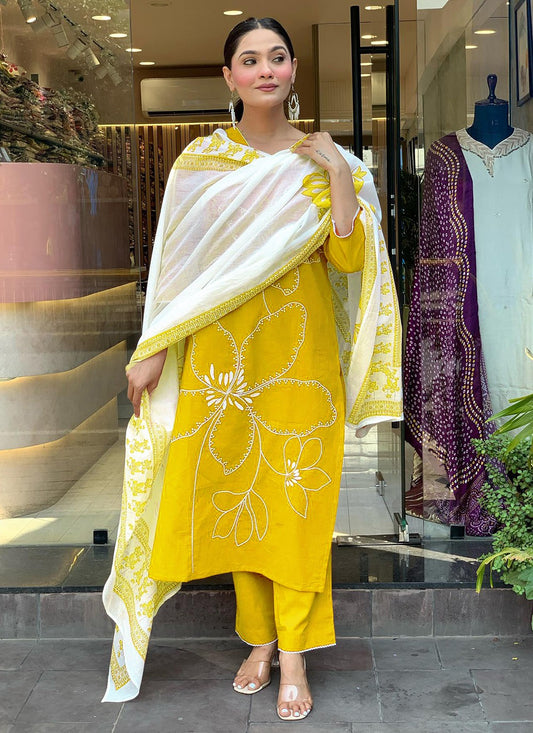 Pant Style Suit Embroidered, Printed Yellow T7382