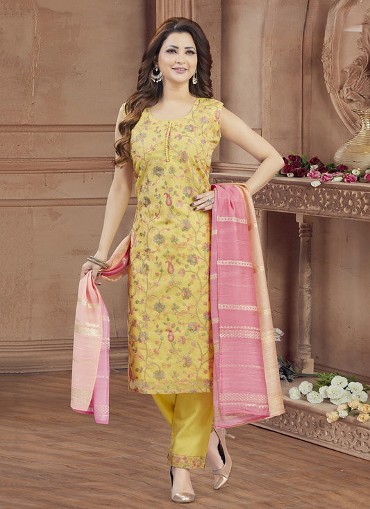 Pant Style Suit Embroidered Yellow T8050