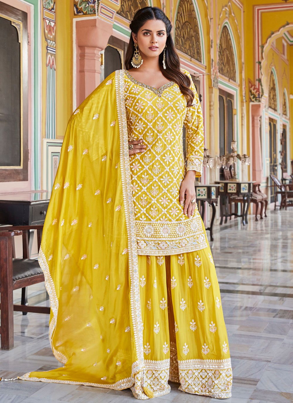 Salwar Suit Embroidered Yellow Silk T5060
