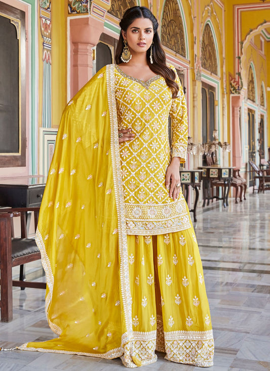 Salwar Suit Embroidered Yellow Silk T5060