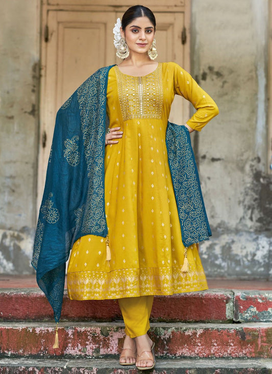 Salwar Suit Embroidered Yellow Rayon T5629